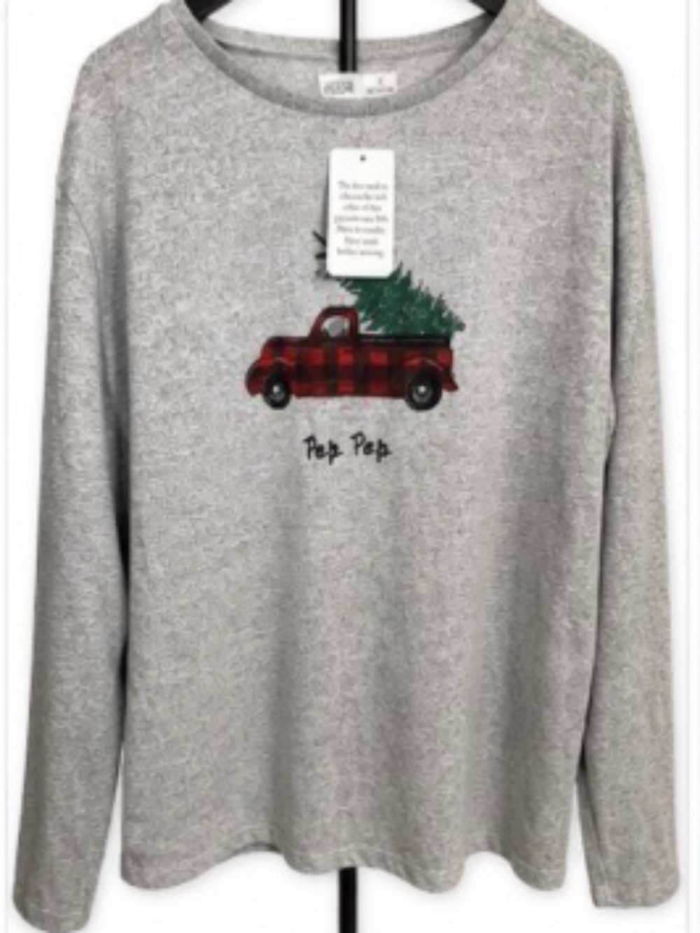AEGEAN Pop Pop Christmas Truck Long Sleeve Graphic Top XL Gray Holiday Shirt